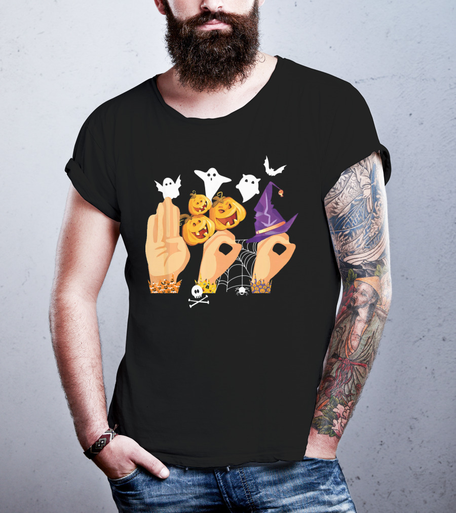 ASL Boo Sign Language Ghosts Pumpkins Witch Hat Halloween T-Shirt