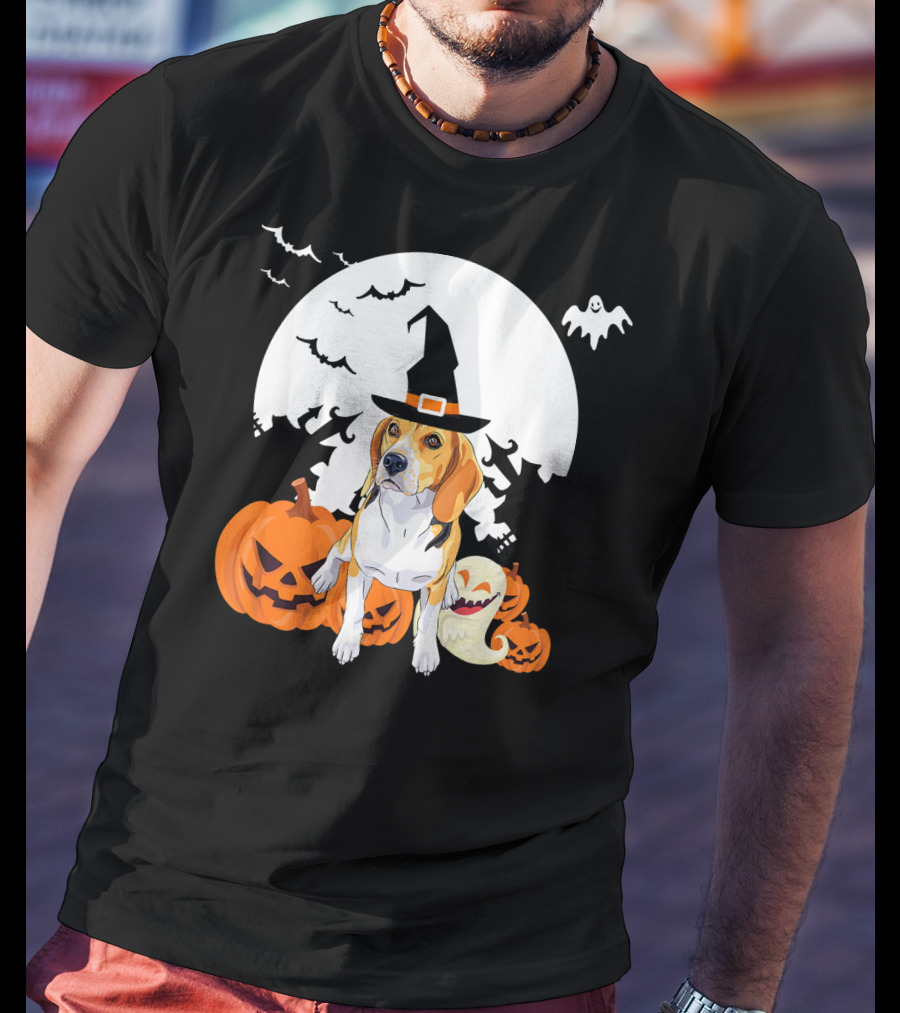 Happy Halloween Witch Beagle With Pumpkins And Ghosts T-Shirt