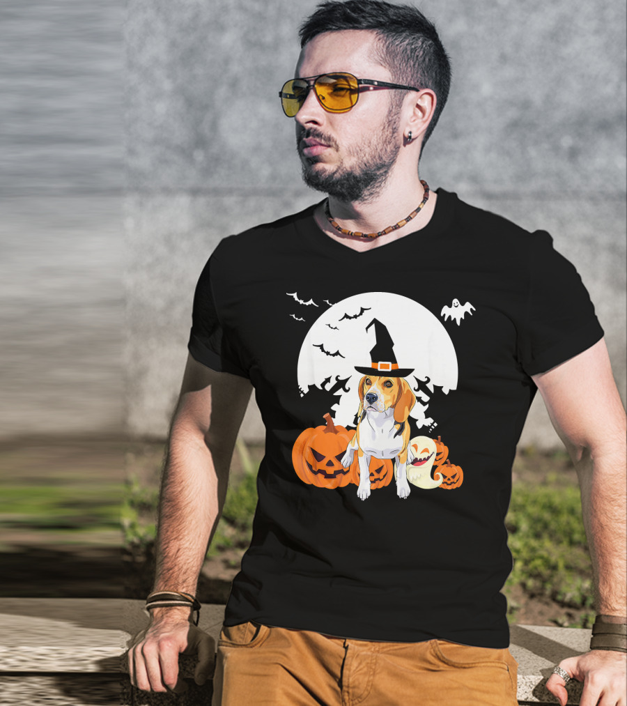 Happy Halloween Witch Beagle With Pumpkins And Ghosts T-Shirt