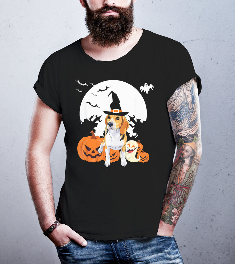 Happy Halloween Witch Beagle With Pumpkins And Ghosts T-Shirt
