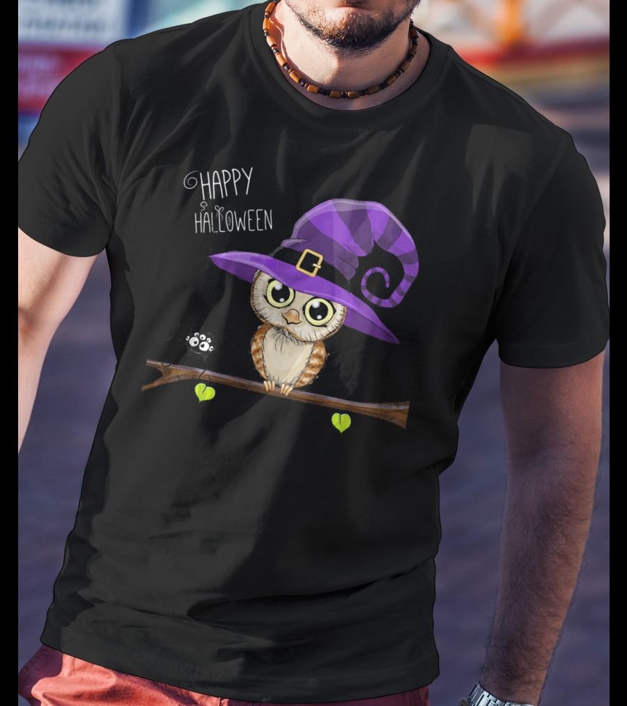 Happy Halloween Owl In Purple Witch Hat With Spider On Branch T-Shirt
