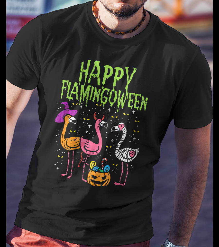 Happy Flamingoween Witch, Devil, Mummy Flamingo Halloween Pumpkin Candy T-Shirt