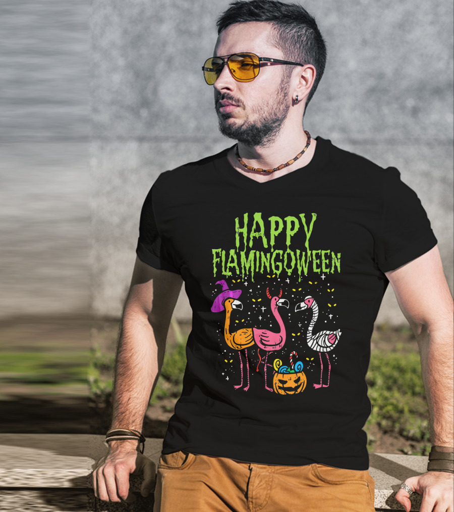 Happy Flamingoween Witch, Devil, Mummy Flamingo Halloween Pumpkin Candy T-Shirt
