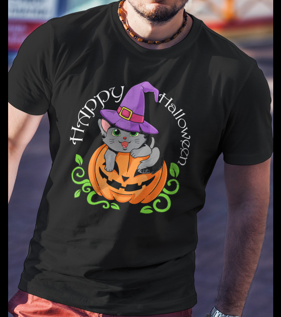 Happy Halloween Cat In Witch Hat On Pumpkin T-Shirt