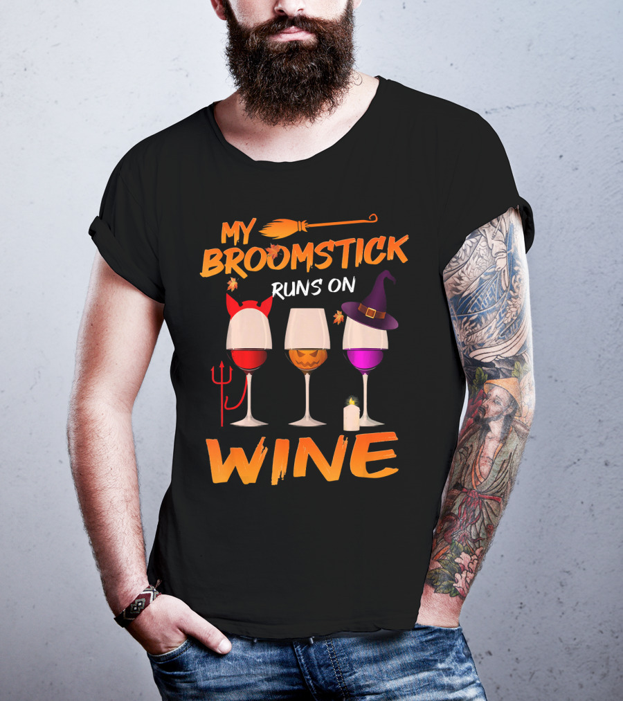 My Broomstick Runs On Wine Halloween Glasses T-Shirt