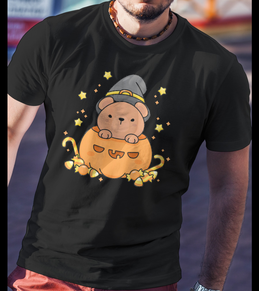 Kawaii Bear Witch Hat Pumpkin Candy Stars Japanese T-Shirt