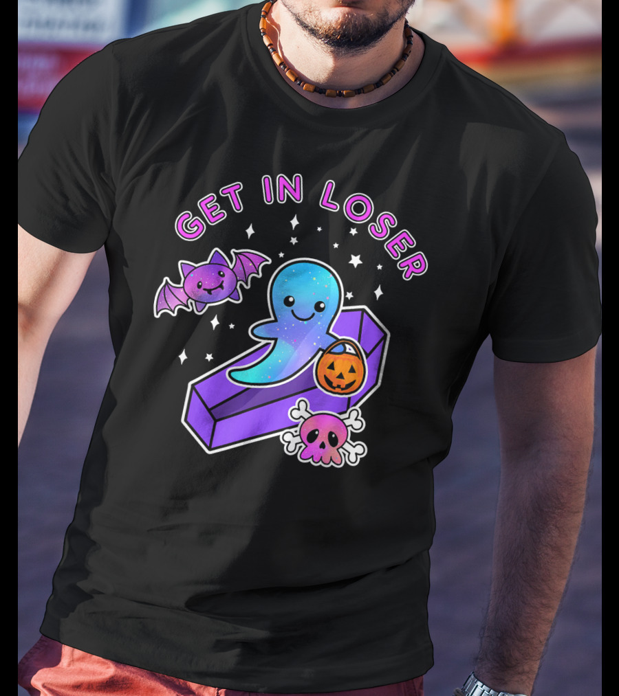 Get In Loser Kawaii Pastel Goth Halloween Ghost Coffin With Bat And Pumpkin T-Shirt