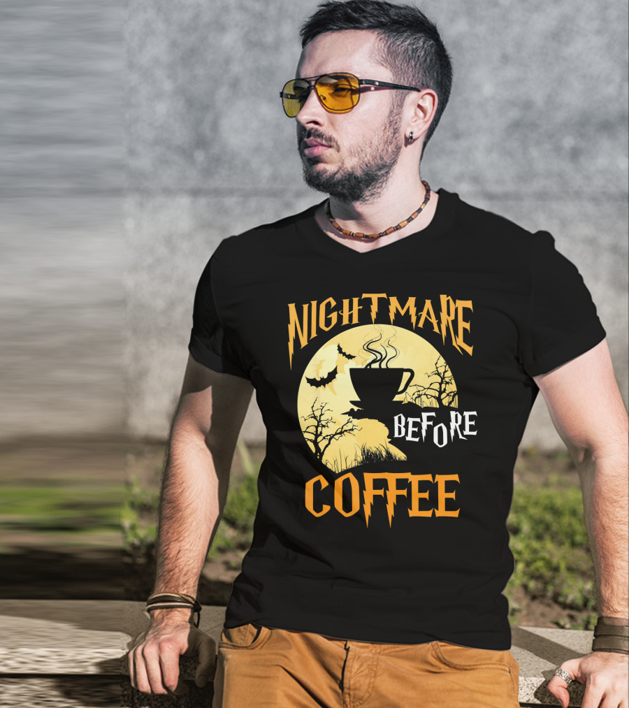 Nightmare Before Coffee Halloween Moon Bat And Tree T-Shirt