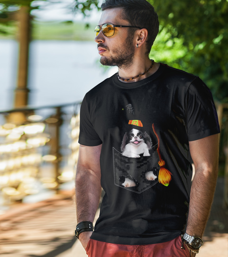 Japanese Chin Halloween Witch Hat Broom Pocket T-Shirt