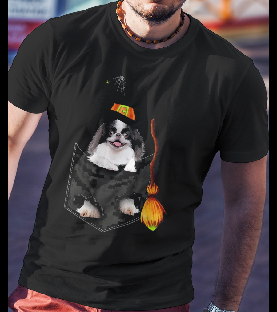 Japanese Chin Halloween Witch Hat Broom Pocket T-Shirt