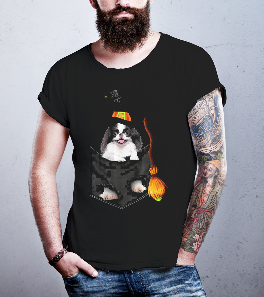 Japanese Chin Halloween Witch Hat Broom Pocket T-Shirt