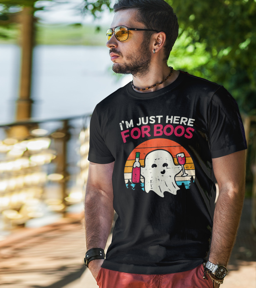 I'm Just Here For Boos Retro Ghost Wine Vintage T-Shirt
