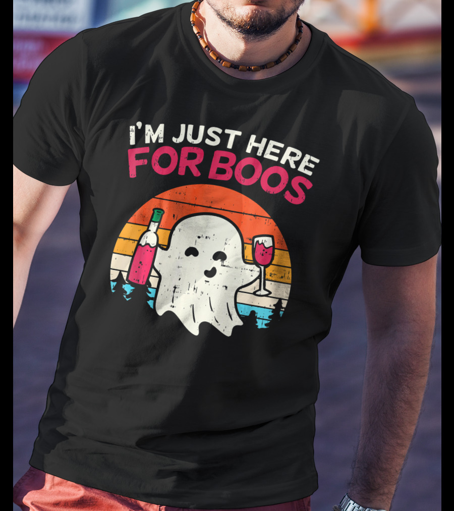 I'm Just Here For Boos Retro Ghost Wine Vintage T-Shirt