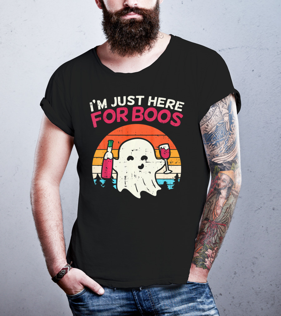 I'm Just Here For Boos Retro Ghost Wine Vintage T-Shirt