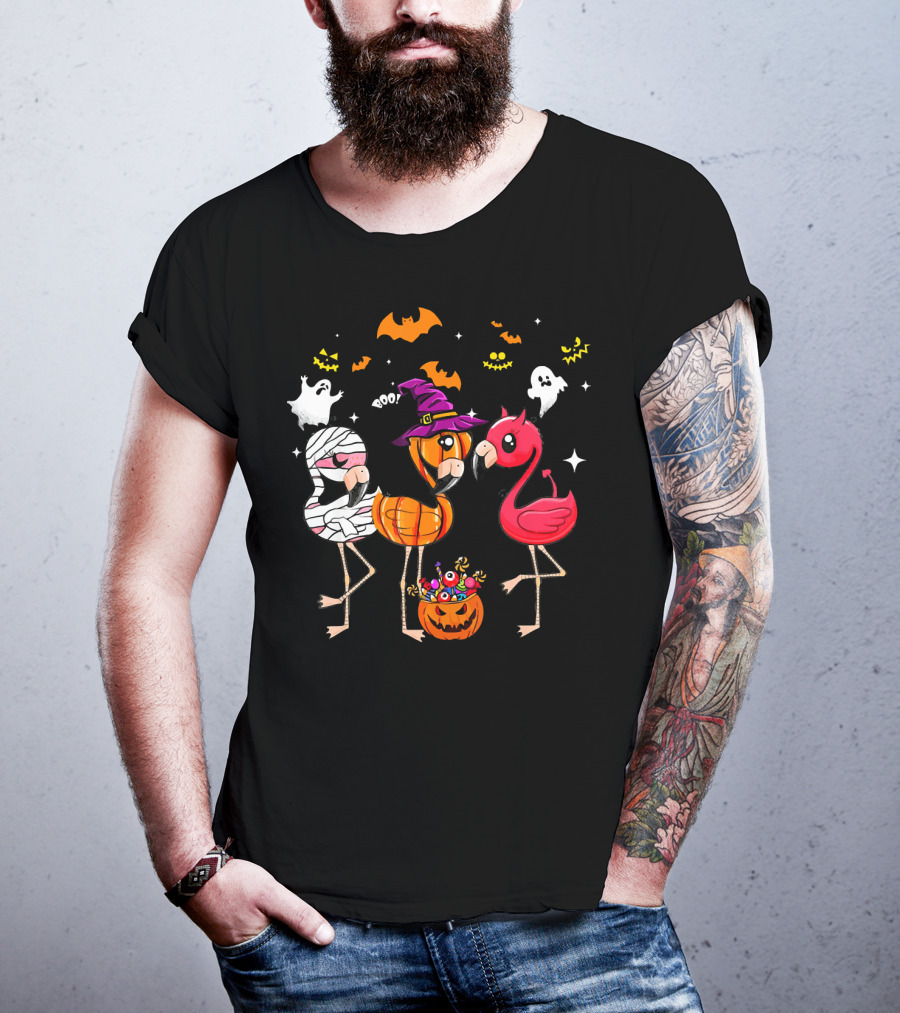 Funny Flamingo Halloween Costume Trio Mummy Witch Boo T-Shirt
