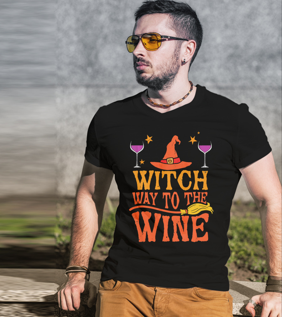 Witch Way To The Wine With Hat, Stars, Glasses, And Broomstick T-Shirt