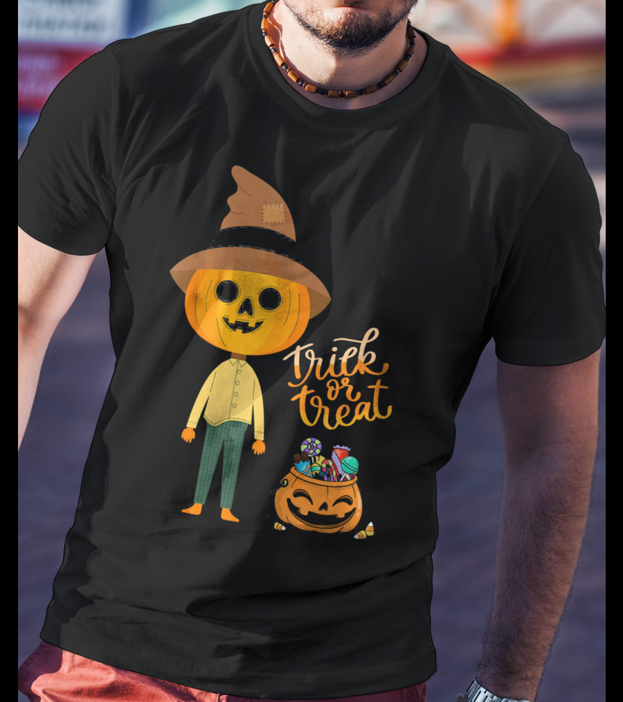 Trick Or Treat Funny Cute Halloween Pumpkin With Candy And Patchwork Hat T-Shirt