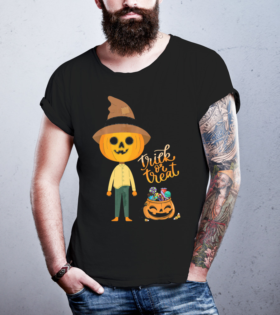 Trick Or Treat Funny Cute Halloween Pumpkin With Candy And Patchwork Hat T-Shirt