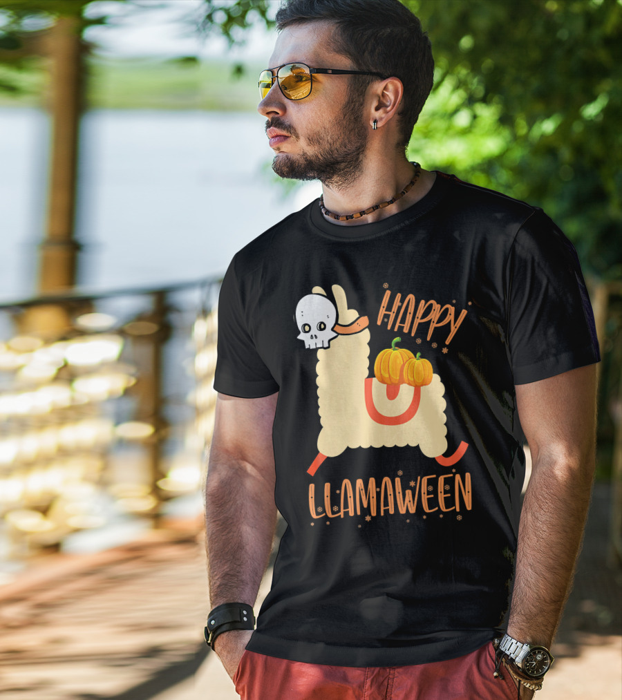 Happy Llamaween Funny Halloween Llama With Pumpkins T-Shirt