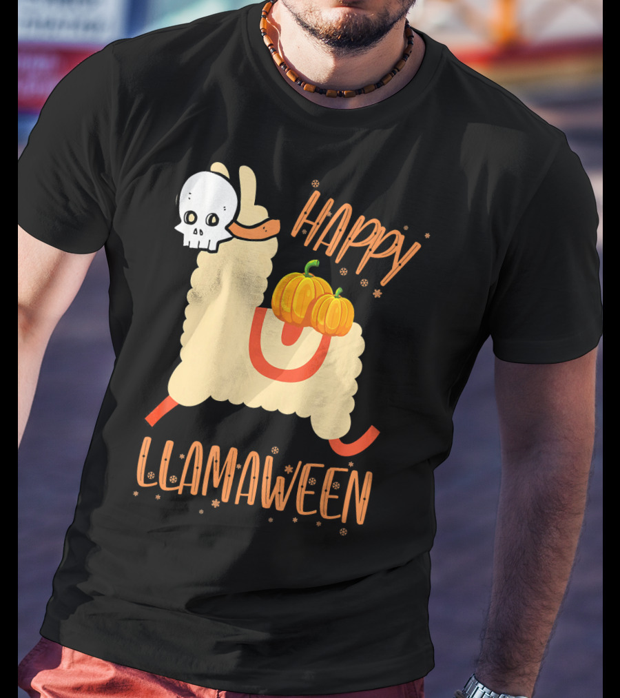 Happy Llamaween Funny Halloween Llama With Pumpkins T-Shirt