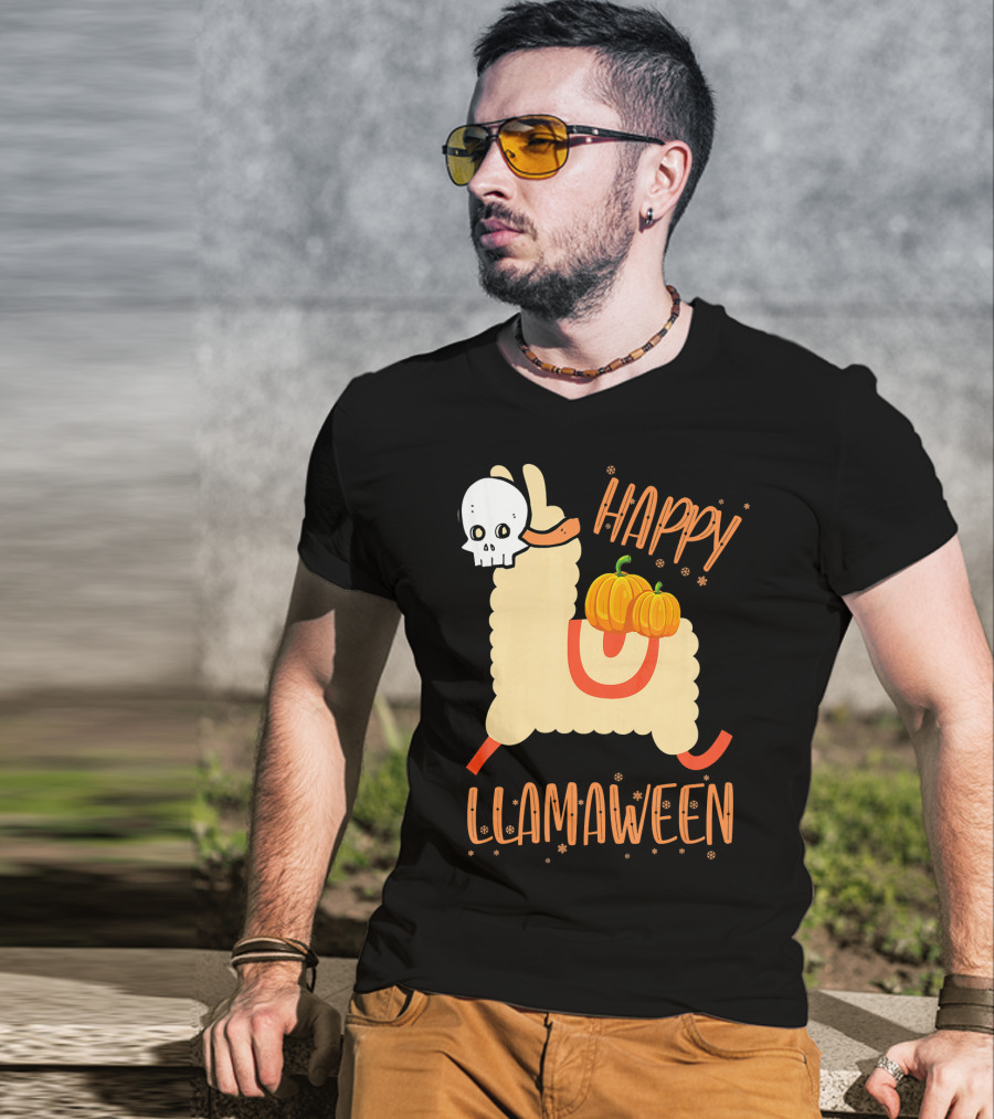 Happy Llamaween Funny Halloween Llama With Pumpkins T-Shirt