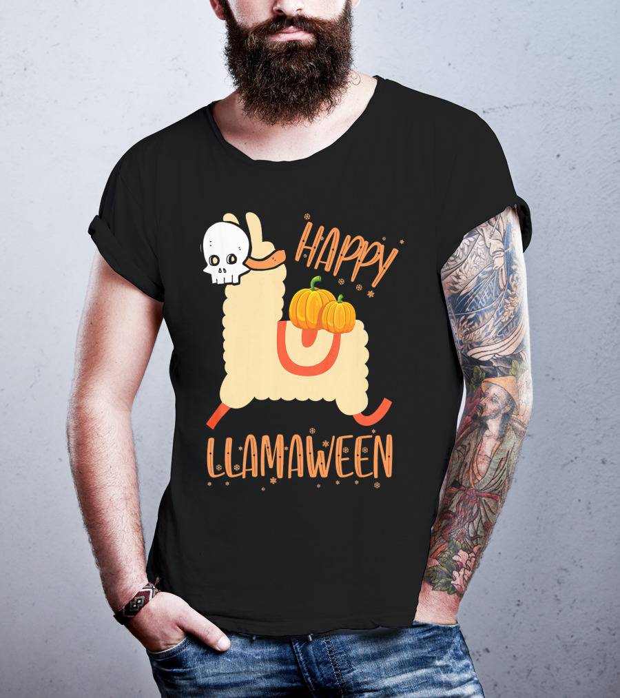 Happy Llamaween Funny Halloween Llama With Pumpkins T-Shirt