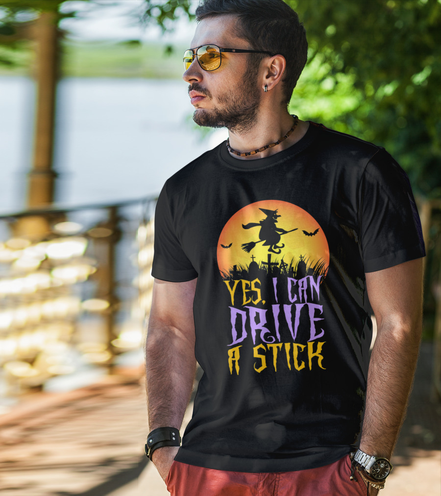 Yes I Can Drive A Stick Witch Graveyard Bats Halloween Moon T-Shirt