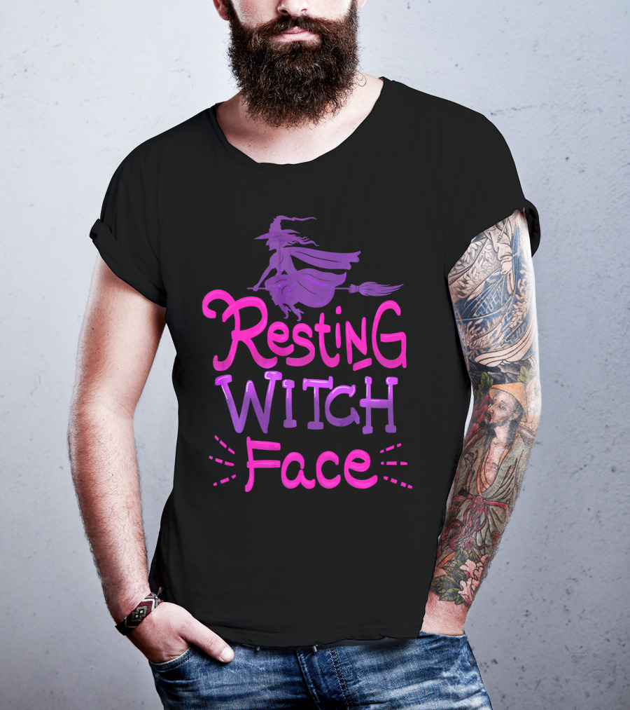 Resting Witch Face Halloween Broomstick T-Shirt