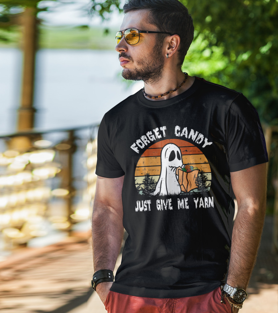 Forget Candy Just Give Me Yarn Ghost With Retro Sunset And Trees T-Shirt