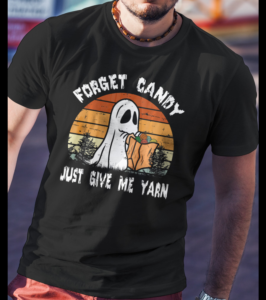 Forget Candy Just Give Me Yarn Ghost With Retro Sunset And Trees T-Shirt