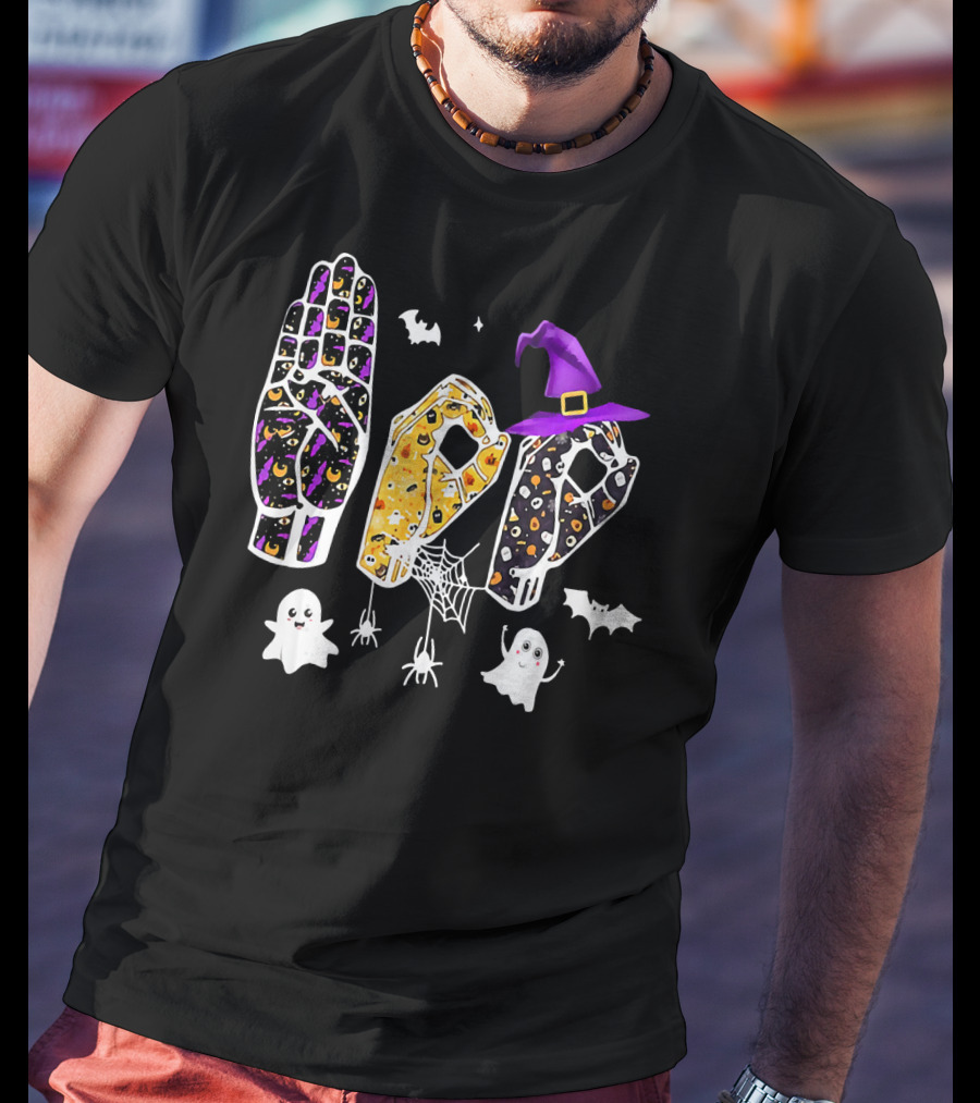 Funny Halloween Sign Language ASL Boo With Ghosts And Witch Hat T-Shirt