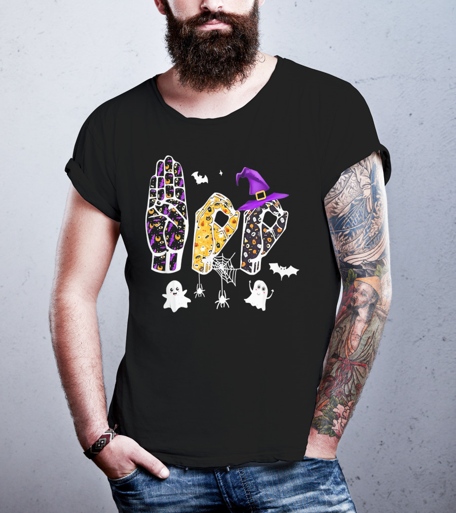 Funny Halloween Sign Language ASL Boo With Ghosts And Witch Hat T-Shirt