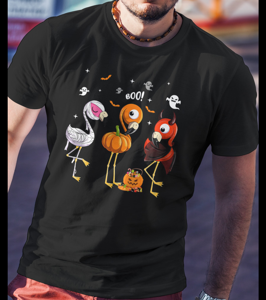 Funny Three Halloween Boo Flamingoes Pumpkin Ghosts T-Shirt