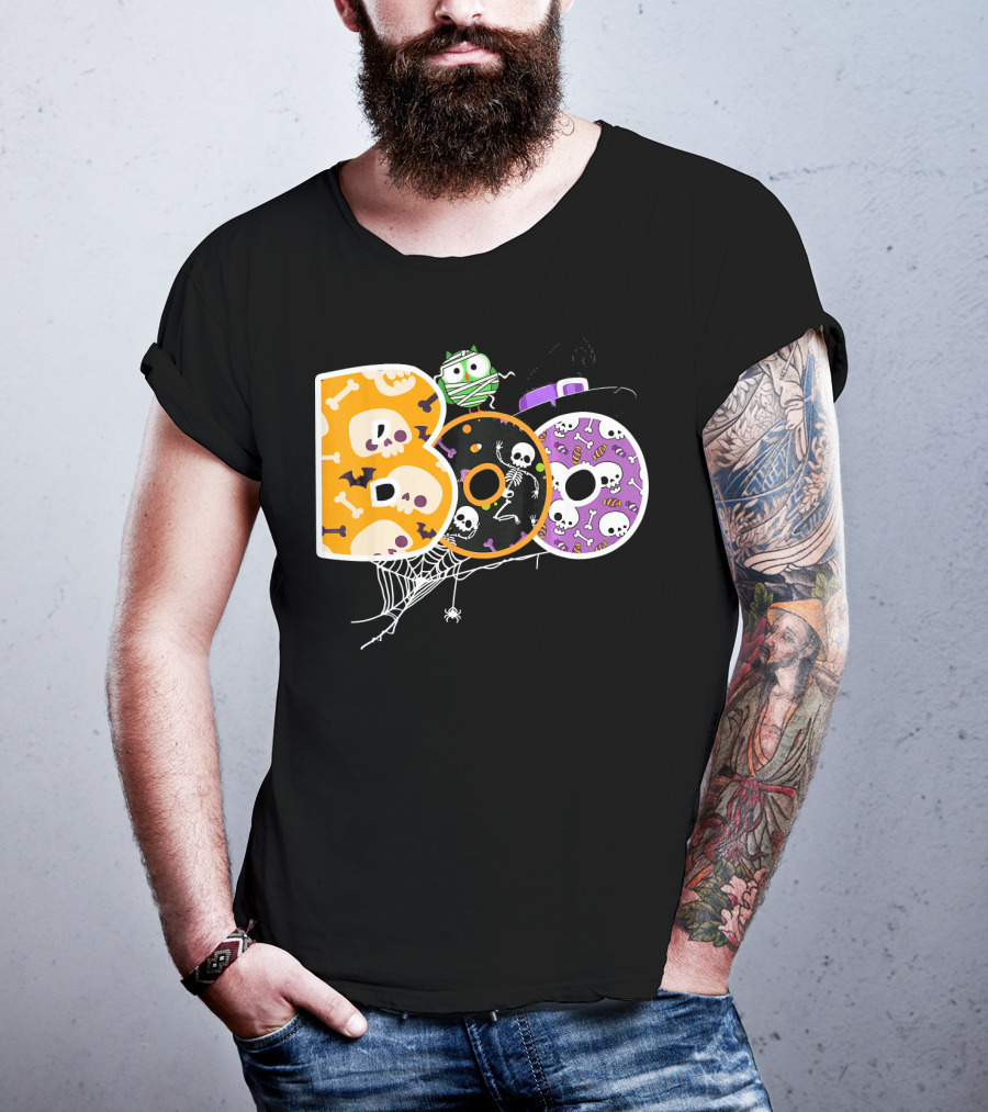 Boo Halloween Skeleton Spider Web Mummy Spooky T-Shirt
