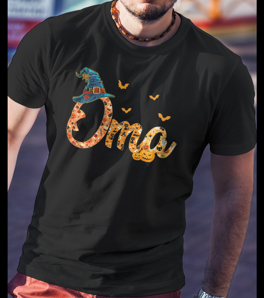 Oma Halloween Witch Hat Bats Pumpkins Costume T-Shirt