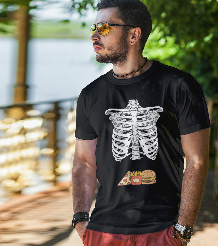 Skeleton Eating Pizza Fries And Burger T-Shirt