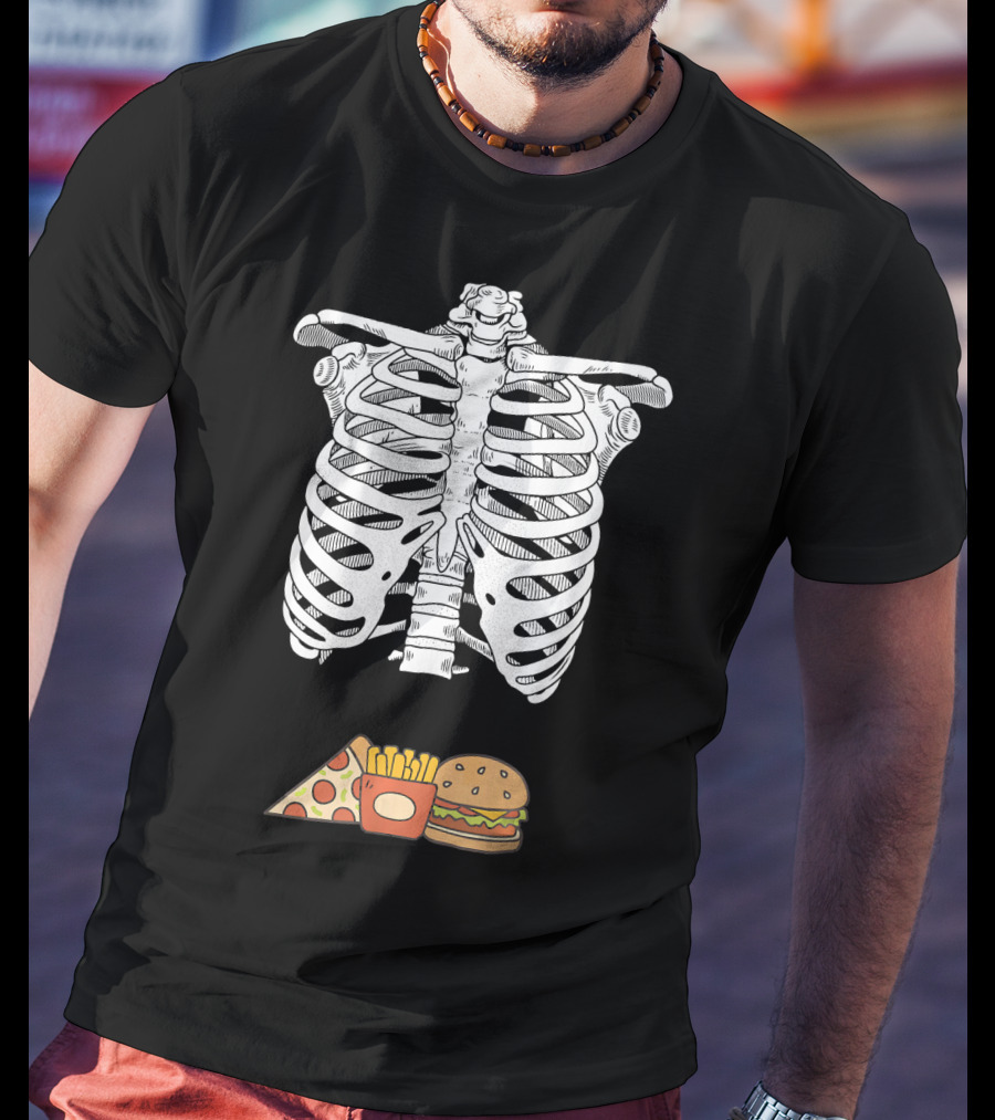 Skeleton Eating Pizza Fries And Burger T-Shirt