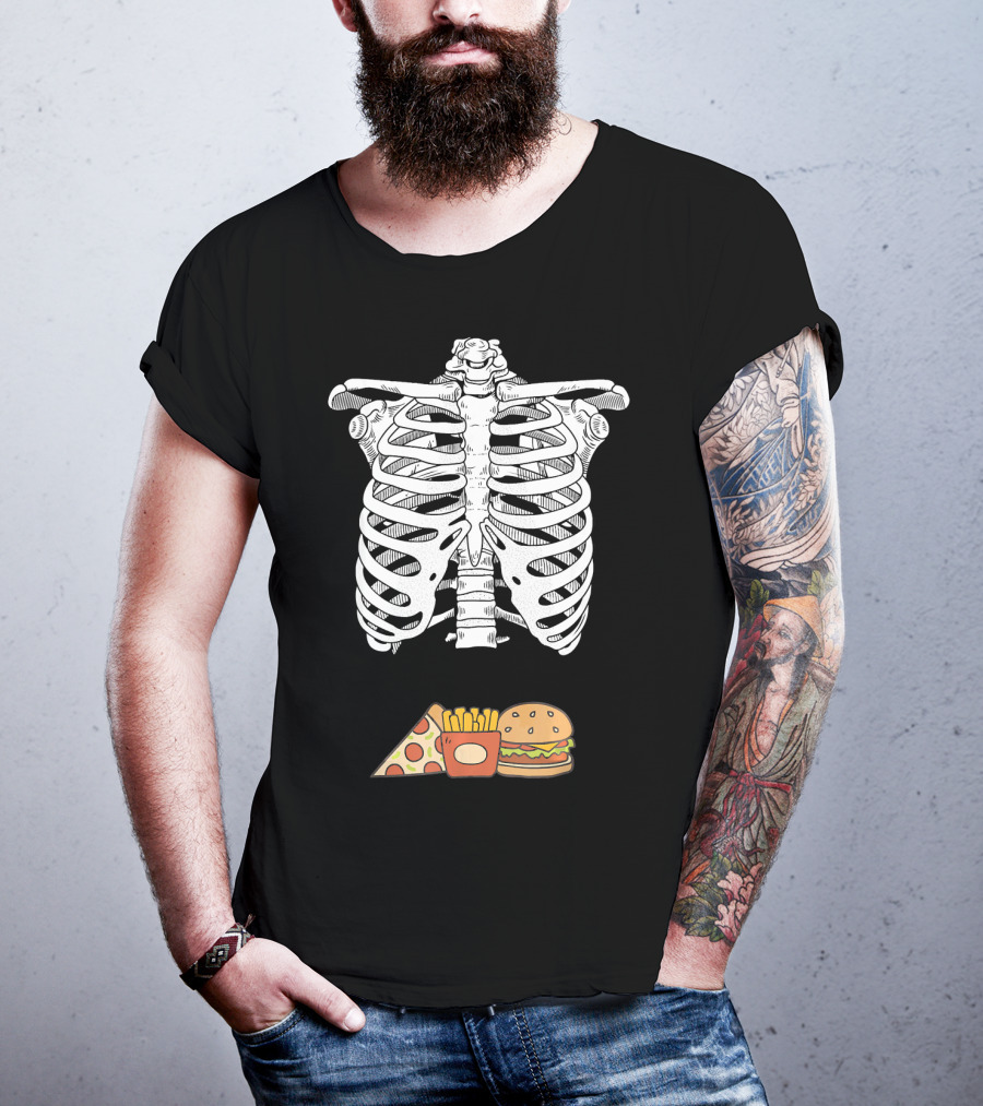 Skeleton Eating Pizza Fries And Burger T-Shirt