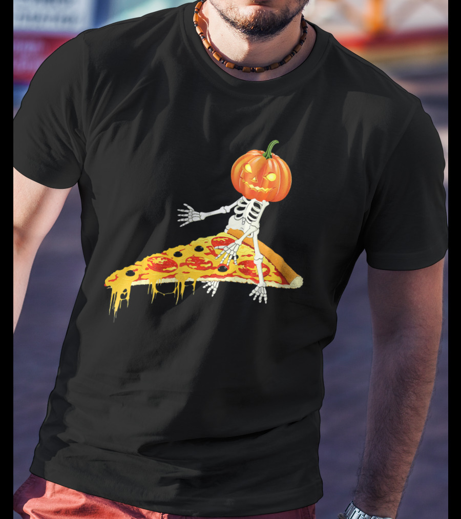 Pumpkin Head Skeleton Sitting On Pizza Slice With Pepperoni T-Shirt