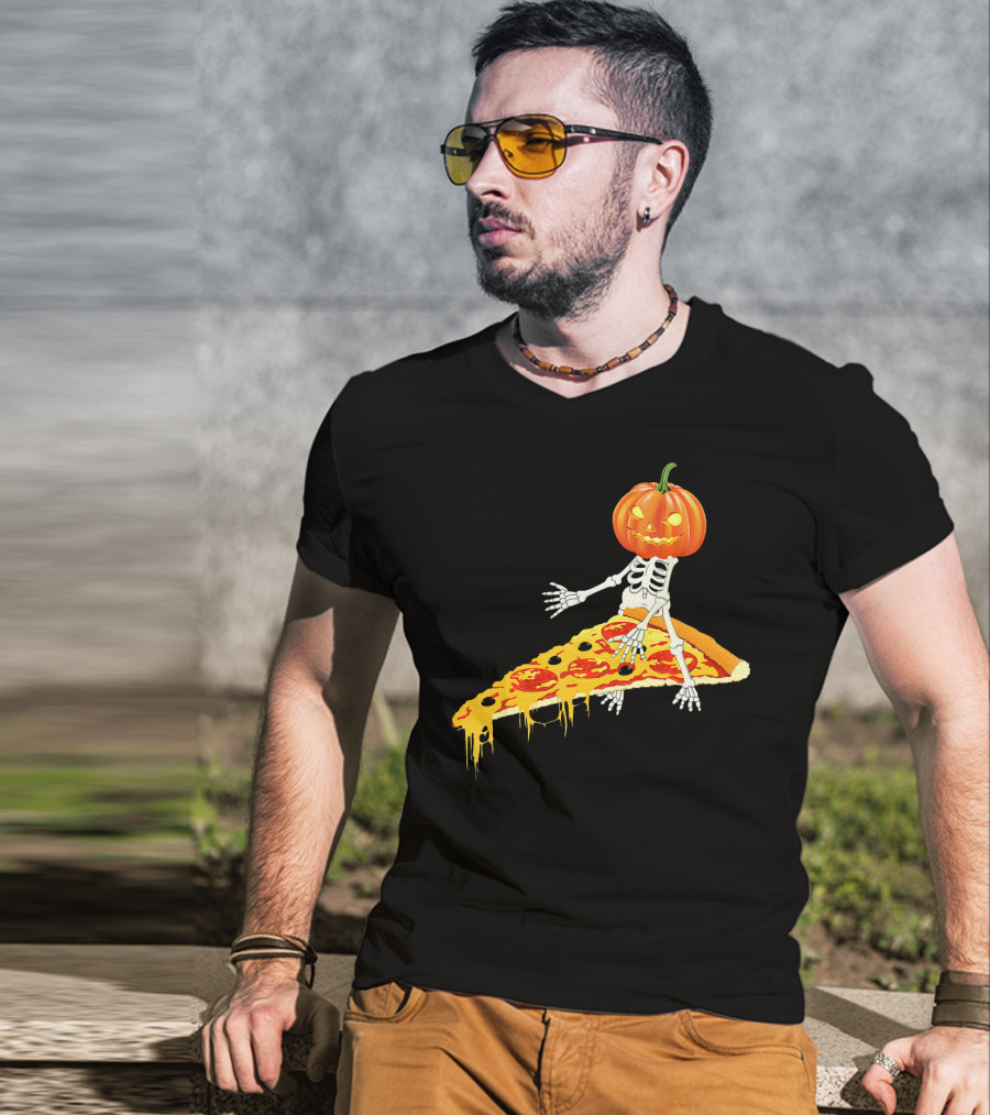 Pumpkin Head Skeleton Sitting On Pizza Slice With Pepperoni T-Shirt