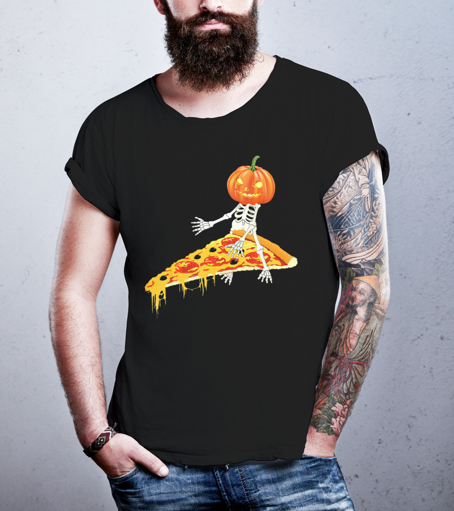 Pumpkin Head Skeleton Sitting On Pizza Slice With Pepperoni T-Shirt