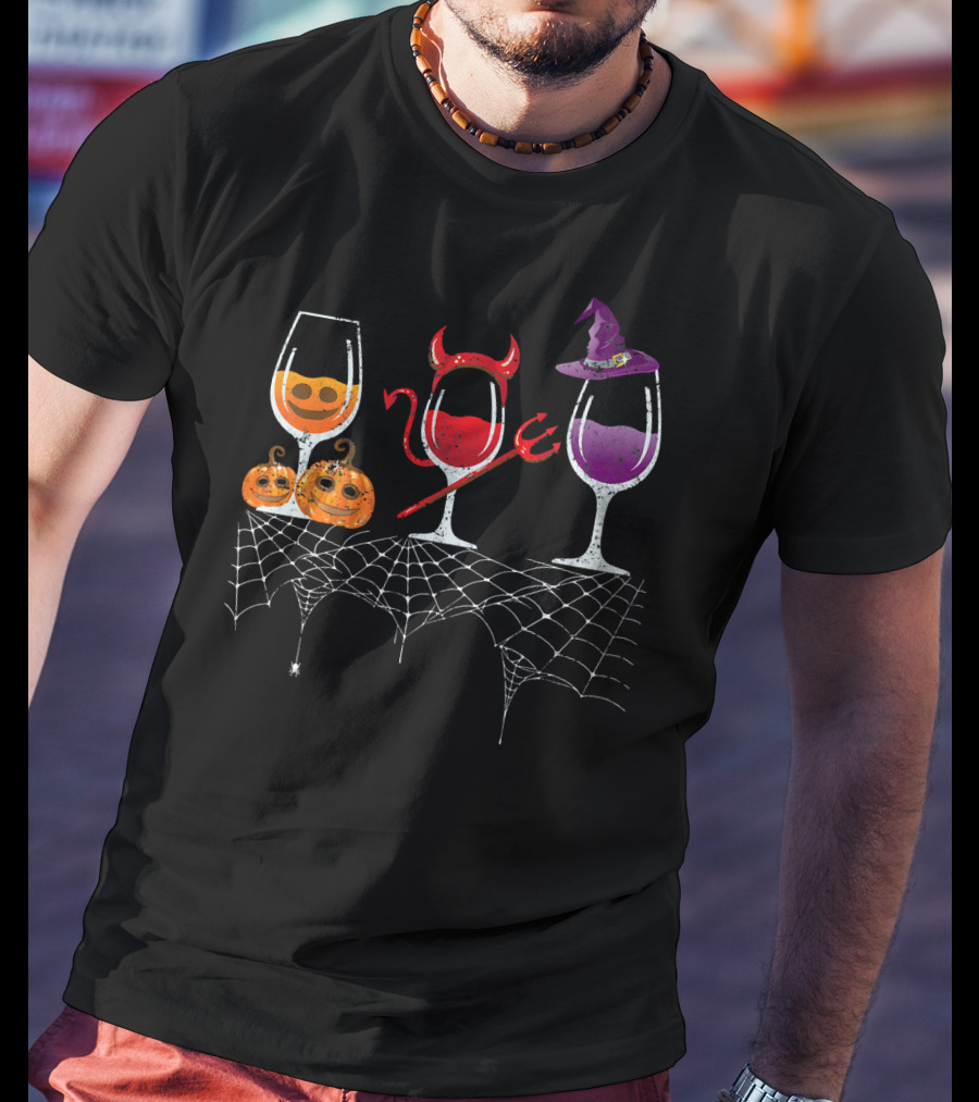 Vintage Halloween Red Devil Purple Witch Wine Glass Pumpkin Faces T-Shirt