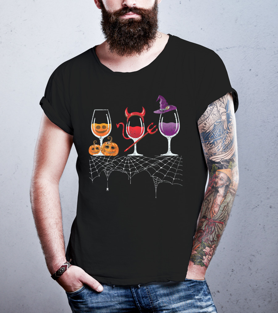 Vintage Halloween Red Devil Purple Witch Wine Glass Pumpkin Faces T-Shirt