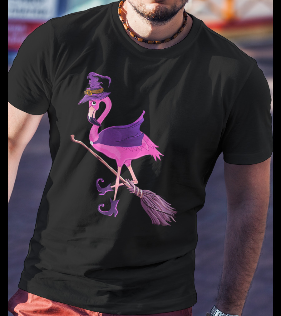 Flamingo Witch Riding Broomstick Funny Halloween T-Shirt