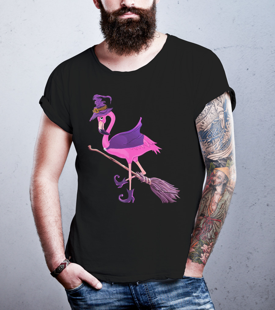 Flamingo Witch Riding Broomstick Funny Halloween T-Shirt