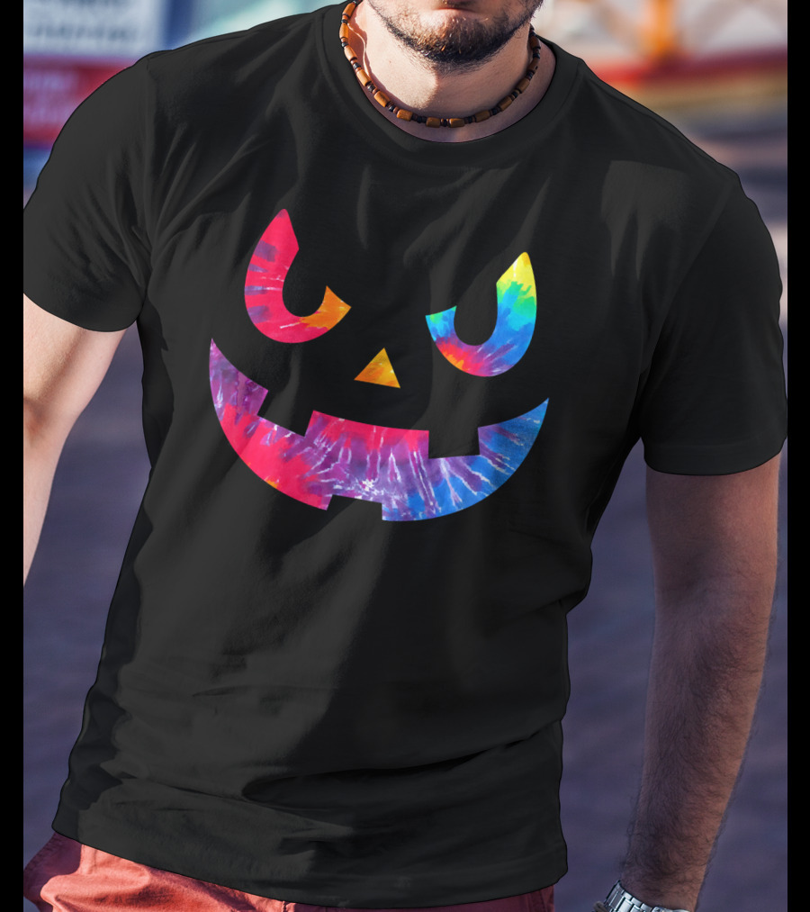 Scary Rainbow Tie Dye Jack O Lantern Face T-Shirt