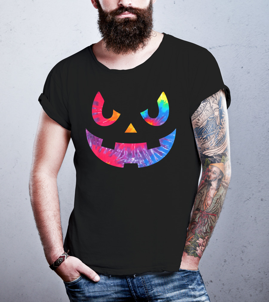 Scary Rainbow Tie Dye Jack O Lantern Face T-Shirt