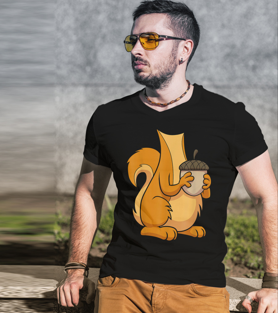 Squirrel Holding Acorn Cartoon T-Shirt