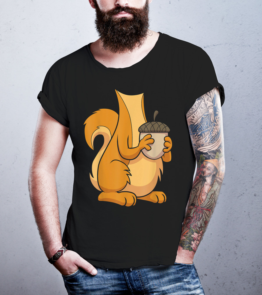 Squirrel Holding Acorn Cartoon T-Shirt