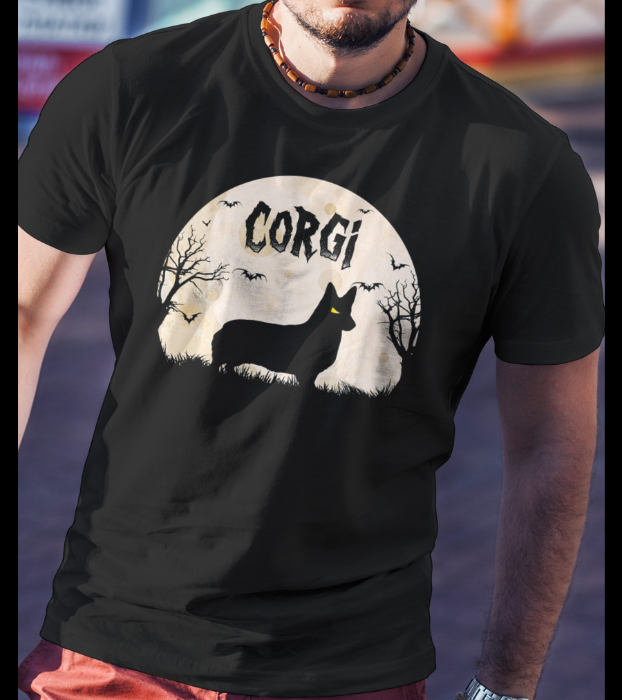 Corgi Halloween Horror Silhouette With Moon And Bats T-Shirt